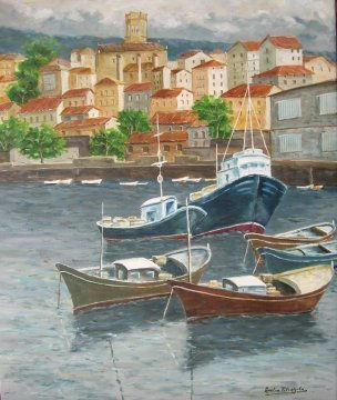 Barcos en puerto de Guetaria Oil Canvas Marine Painting