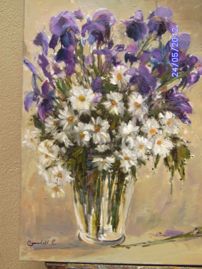 Iris and Margarite Oil Textile Floral Painting