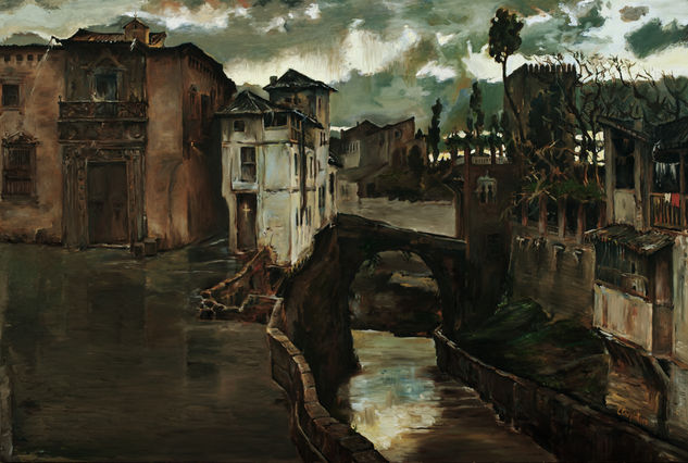 Chubasco en Granada - A. Muñoz Degrain - 130x87,5cm Óleo Tabla Paisaje