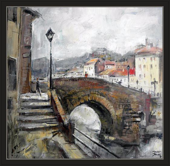 PUENTE ROMANICO-GIRONELLA-PAISAJE-PINTURA-CUADROS-PINTOR-ERNEST DESALS Óleo Lienzo Paisaje