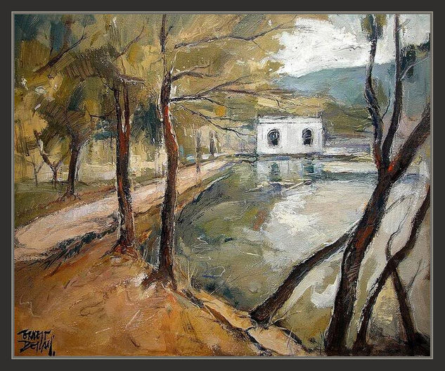 BANYOLES-BAÑOLAS-LAGO-LLAC-PINTURA-PINTOR-ERNEST DESCALS Óleo Lienzo Paisaje