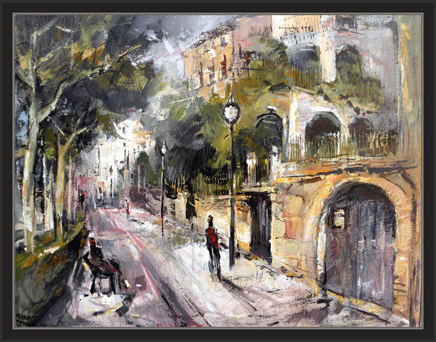 CASAS Y CALLES DE SOLSONA-PINTURA-PAISAJE-CUADROS-PINTOR-ERNEST DESCALS Óleo Lienzo Paisaje