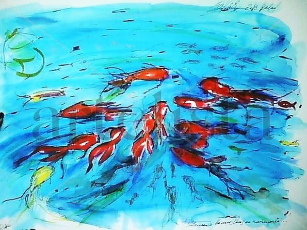 Peces rojos en movimiento Acuarela Papel Animales