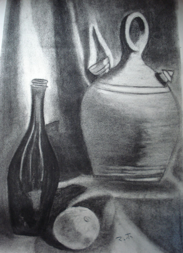 Botella, botijo y naranja