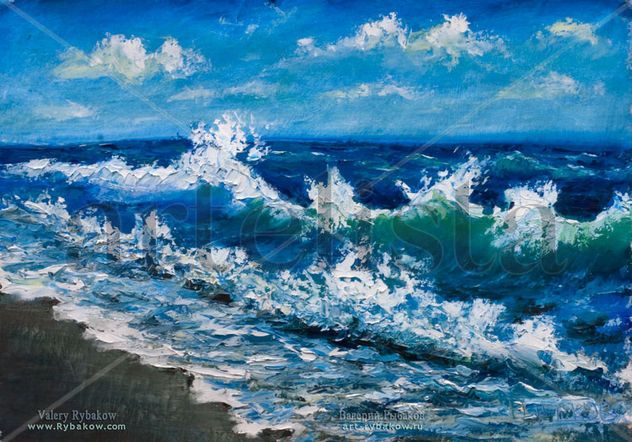 Oil Painting: Wind plays with sea wave off the coast.