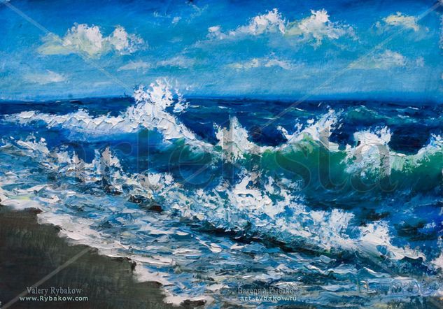 Oil Painting: Wind plays with sea wave off the coast. Oil Canvas Marine Painting