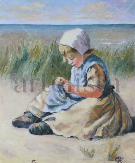 Niña sentada en la playa Oil Panel Marine Painting