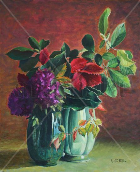 Dos floreros Oil Panel Floral Painting