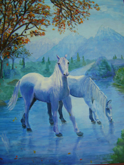 Caballos azules Óleo Tela Paisaje