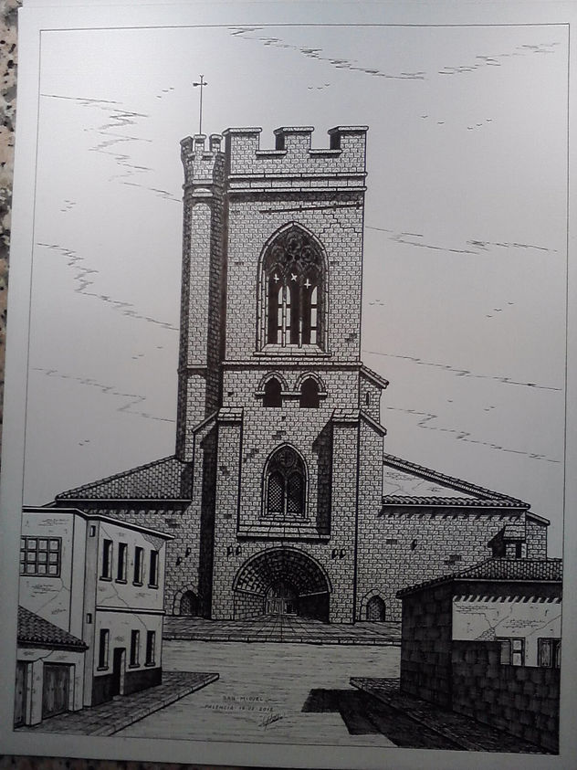 dibujo a plumilla de la iglesia de san miguel(PALENCIA)