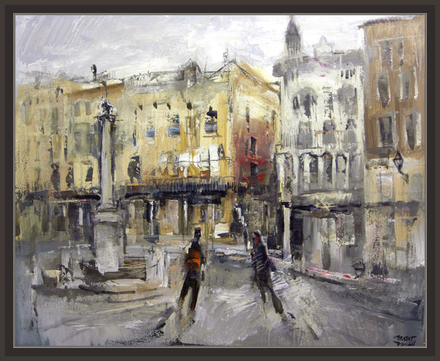 PLAZA DEL TORICO-PAISAJE-TERUEL-ESPAÑA-CUADROS-OLEOS-PINTOR-ERNEST DESCALS Óleo Lienzo Paisaje