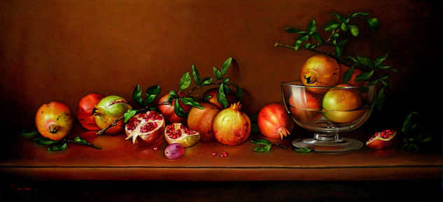 Inspiración infinita, bodegón de granadas y cristal Mixed media Textile Still Life Paintings