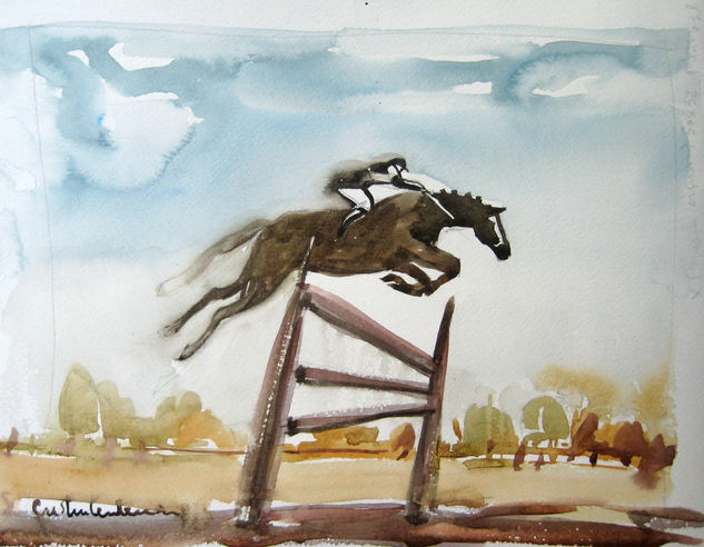 Caballo negro en salto Watercolour Paper Animals