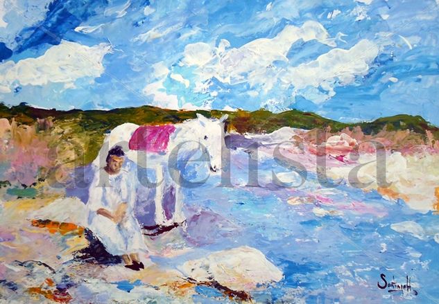 Mujer con burro al lado del arroyo Oil Canvas Landscaping