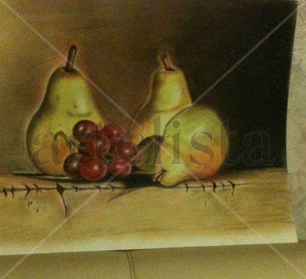 PERAS Y UVAS EN MESA DE PIEDRA Pastel Paper Still Life Paintings