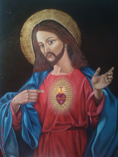 sagrado corazon Oil Panel Portrait