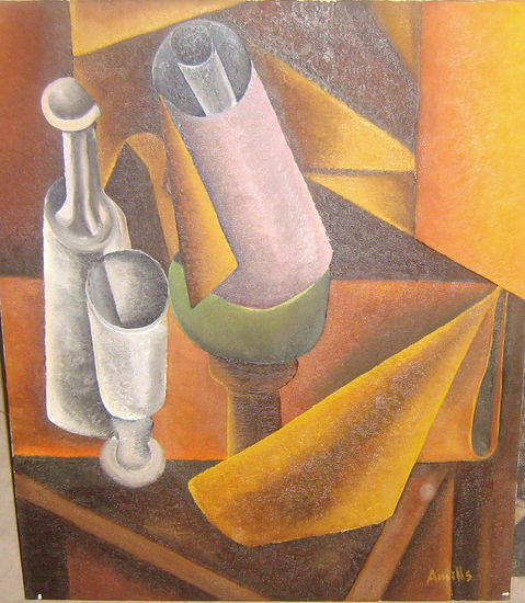 LAMPARA Y BOTELLA Oil Canvas Still Life Paintings