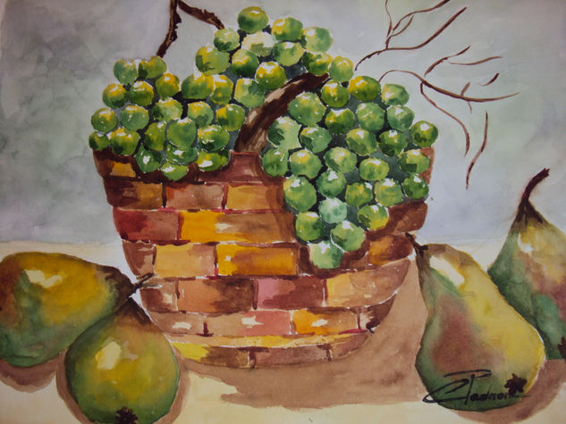 Cesta con Uvas y Peras Watercolour Paper Still Life Paintings