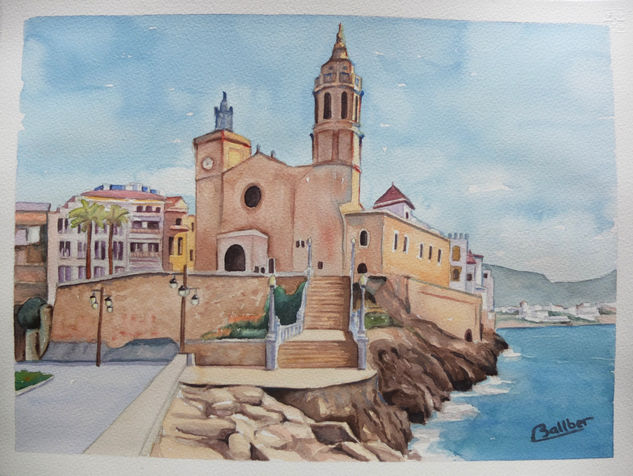 Iglesia de Sant Bartomeu i Santa Tecla Sitges Acuarela Papel Marina