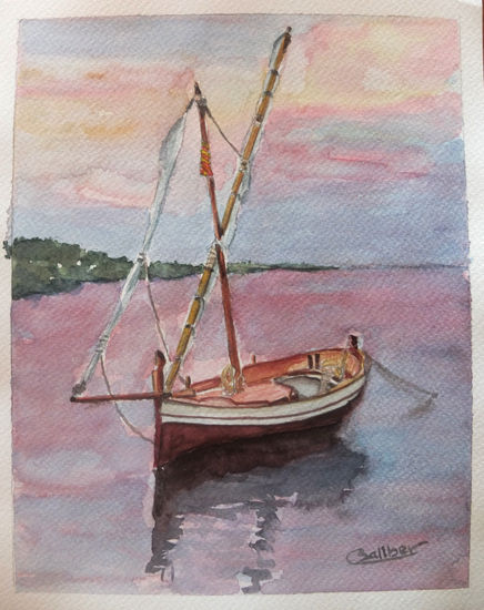 Barca al atardecer Watercolour Paper Marine Painting