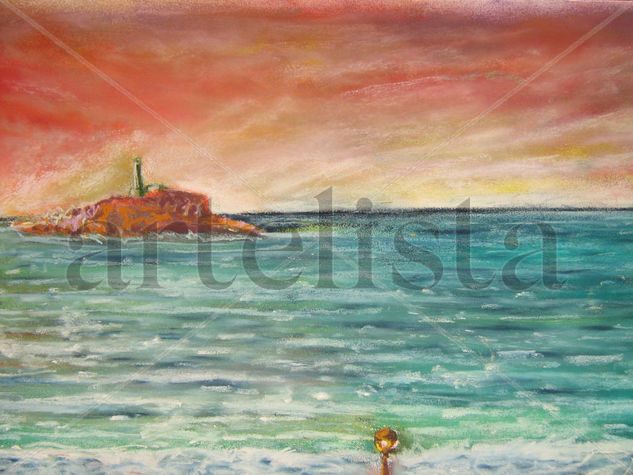 ISLA CON FAROLA Pastel Card Marine Painting