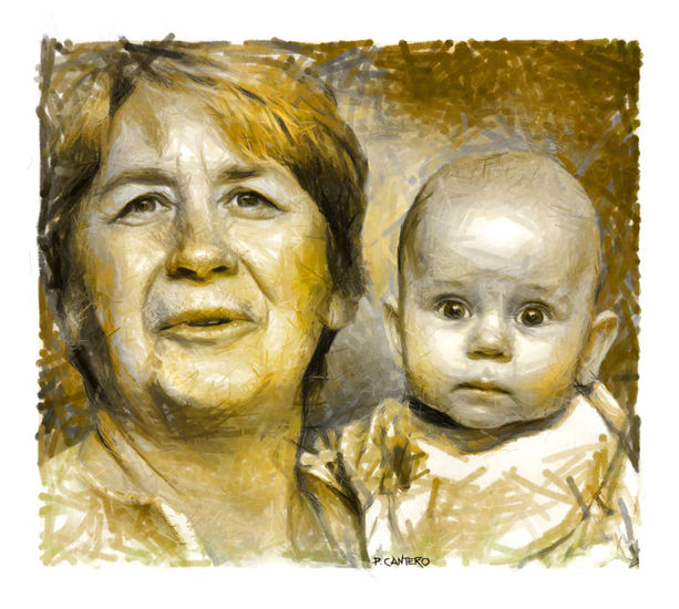 La abuela María con Dani Mixed media Canvas Portrait