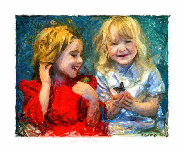 Esther y Sara jugando con mariposa. Mixed media Canvas Portrait