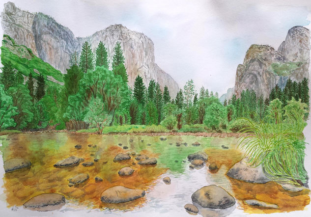 Yosemite y El Capitán Acuarela Papel Paisaje