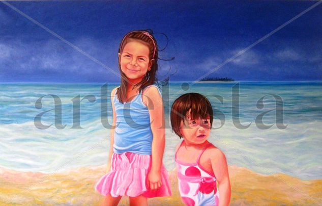 CAMILA, SARA Y EL MAR. Mixed media Canvas Portrait