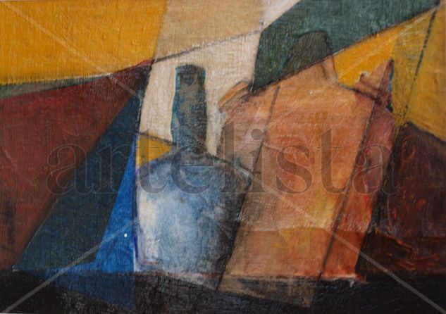 Botijo con botella azul Mixed media Paper Still Life Paintings