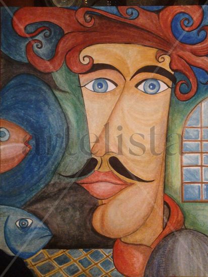 fish man Mixed media Card Figure Painting