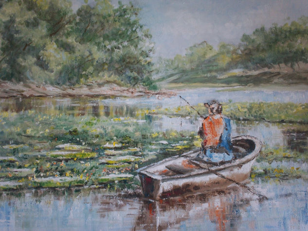 Pescando entre Irupés. Oil Canvas Landscaping