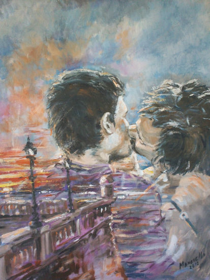 Un Beso en el Malecón Oil Canvas Figure Painting