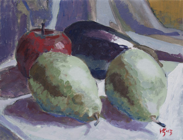 Bodegó de peres, poma i alberginia amb pinzell Acrylic Canvas Still Life Paintings