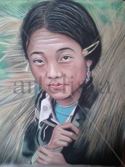 campesina tibetana Pastel Paper Portrait