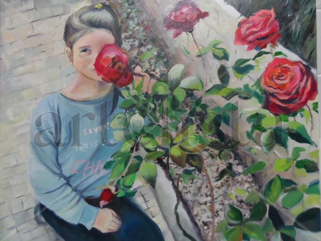 Niña con rosal Oil Canvas Figure Painting