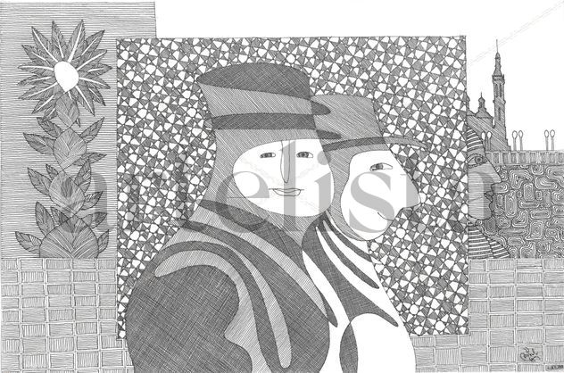 Dibujo blanco y negro: Turistas