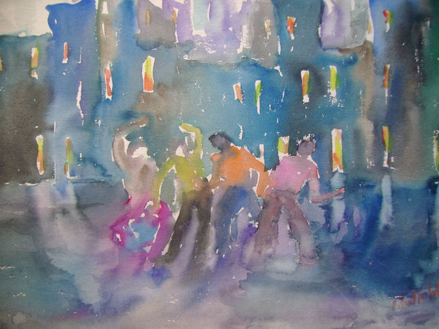 Jovenes danzando en calle. Watercolour Paper Landscaping