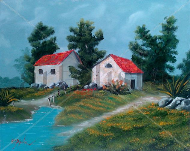 paisaje con laguna y casas Oil Panel Landscaping