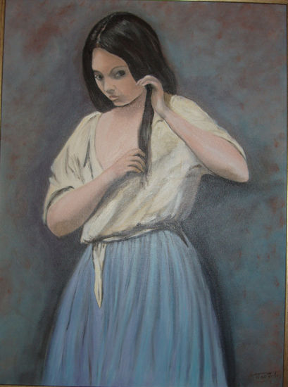 niña peinándose Oil Canvas Figure Painting