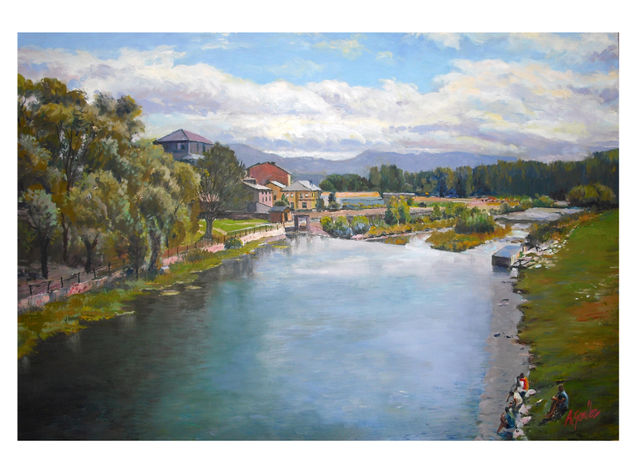 rio cua (vista desde el puente de cacabelos) Óleo Tabla Paisaje