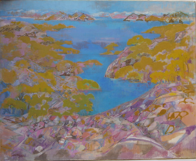 Susana Rojas. 2000 Rocas, bosque y lago. óleo 80 x 65 cm. 