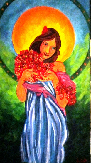 recreación Mucha Gouache Panel Figure Painting