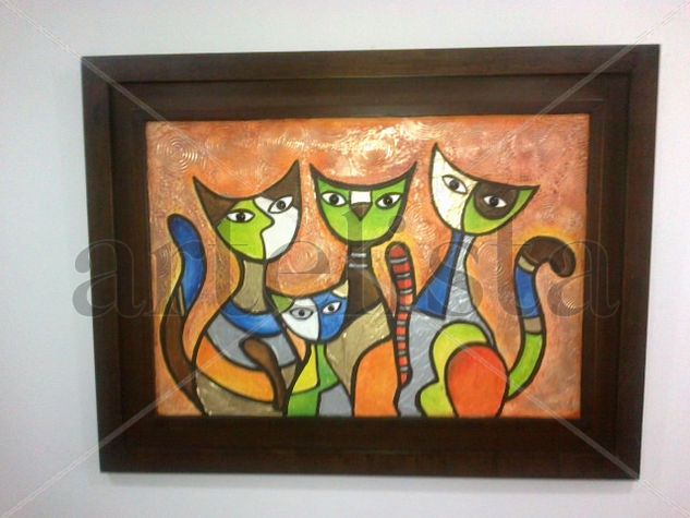 Familia de Gatos Mixed media Panel Animals