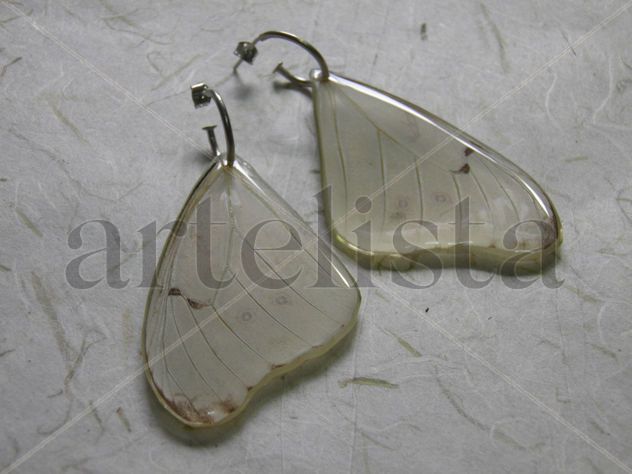 Aretes de ala de mariposa Morfo Blanco, cubiertas en resina, con ganchos de plata.
