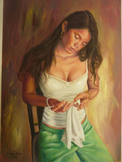 joven tejiendo Oil Canvas Portrait