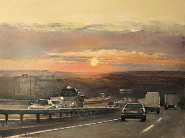 Atardecer en la autovía Óleo Lienzo Paisaje