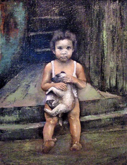 Niña con perro Oil Canvas Figure Painting