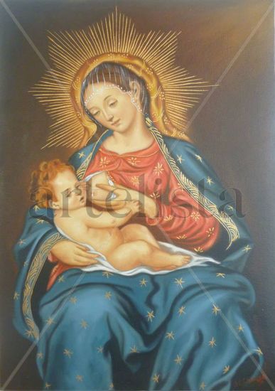 Virgen de la Leche Oil Canvas Figure Painting