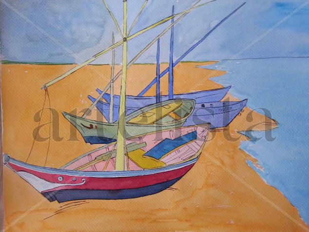 Barcas en la playa Watercolour Paper Marine Painting